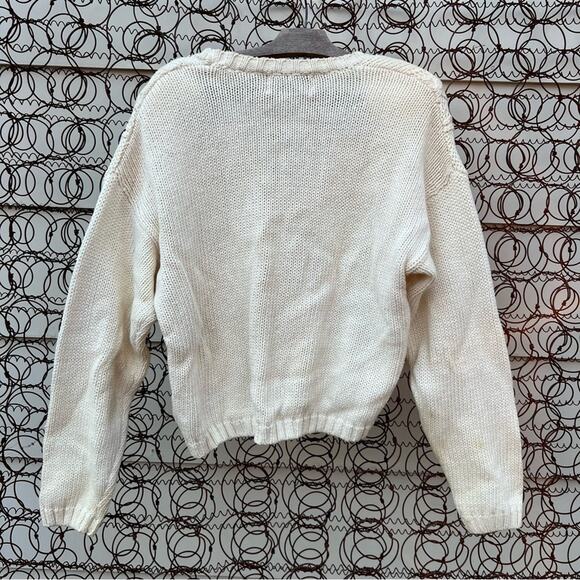 Vintage 80s 90s Nuggets cream crochet cable knit rosette button up cardigan - Picture 2 of 6